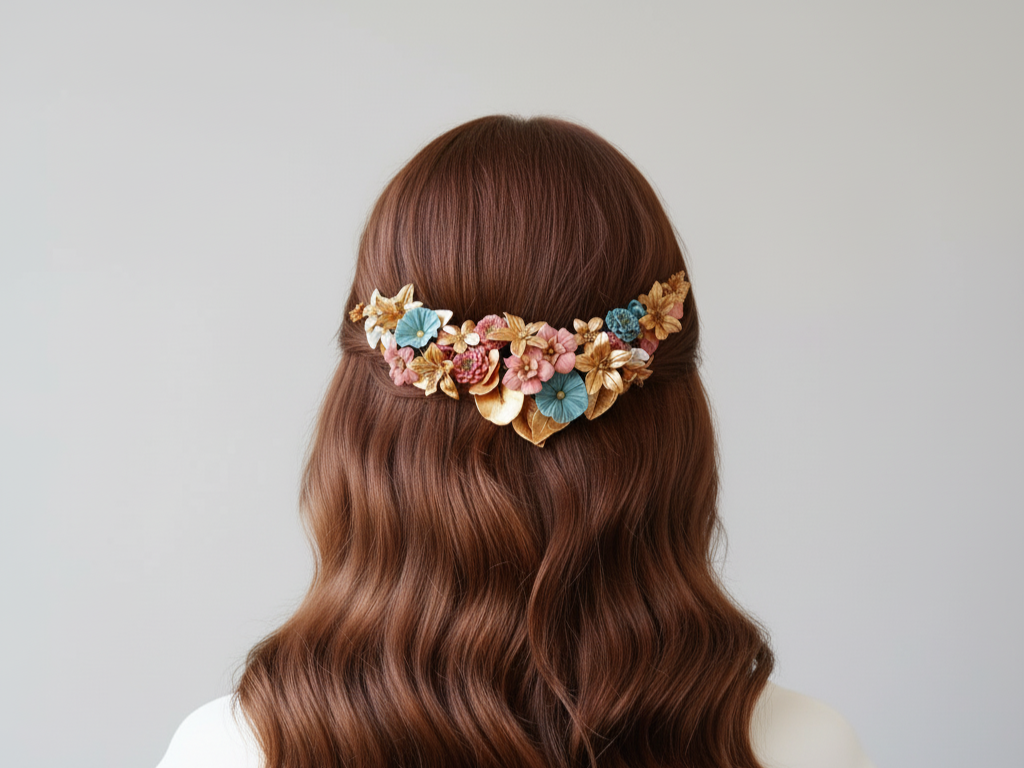 tocado de novia con flores doradas, rosa y azules de porcelana fría/tocado trasero invitadas o comunión/corona tocado de novia con flores doradas, rosa y azules de porcelana fría/tocado trasero invitadas o comunión/corona