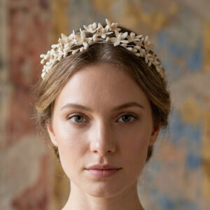 Antique white bridal headpiece with handmade cold porcelain orange blossoms and buds