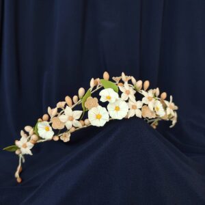 Handmade bridal tiara inspired by antique French wax crowns with hand-sculpted cold porcelain flowers.