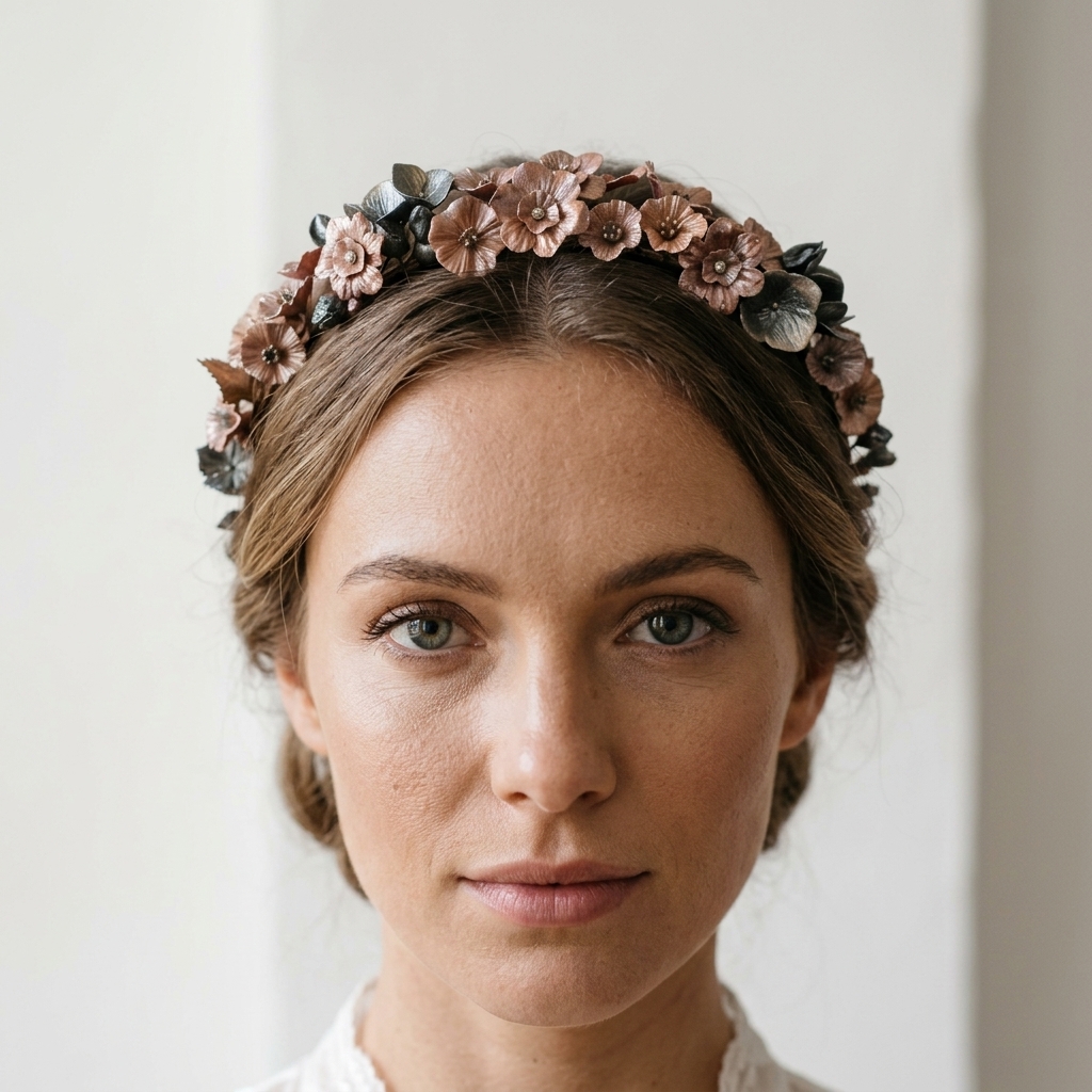 Cold porcelain metallic flower hairband with vibrant red and blue floral details and gold foliage.