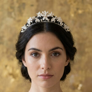 Ivory bridal tiara with handmade cold porcelain orange blossoms, leaves and buds