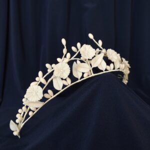 Ivory bridal tiara with handmade cold porcelain flowers, leaves and pistils inspired by 19th century wax bridal accessories