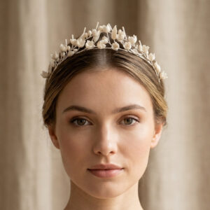 Handmade ivory wedding tiara with cold porcelain flowers, leaves and buds.