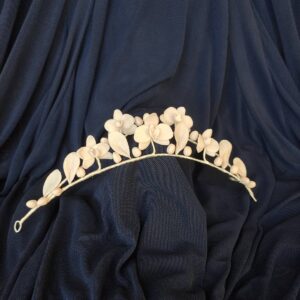 Handmade ivory bridal tiara with hand-sculpted cold porcelain orchids, leaves and buds.