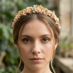 Detailed view of a Dehesa-style floral headpiece made of cold porcelain. This botanical accessory features intricate hand-sculpted flowers and acorns, elegantly mounted on a silk-wrapped metal band.