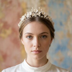 Elegant ivory floral wedding tiara for bride featuring handcrafted cold porcelain botanical details.
