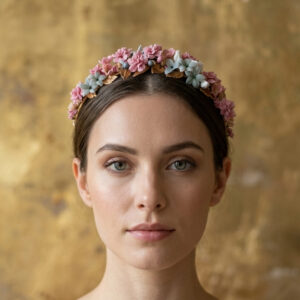 Romantic bridal headband with pink and blue cold porcelain flowers and golden leaves