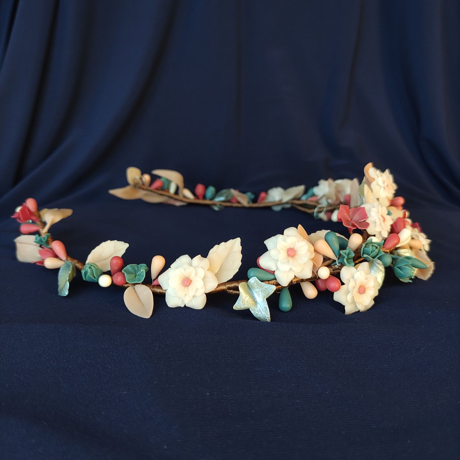 tocado pompei Wedding hair accessory back piece featuring handcrafted porcelain flowers, leaves and pistils in soft white, magenta and blue colors.