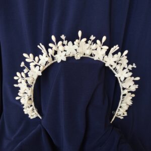 Handmade white bridal tiara with cold porcelain flowers and pistils inspired by Victorian wedding crowns
