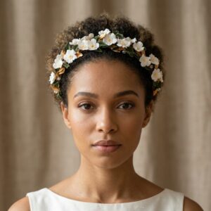 Bridal jeweled headband with white flowers, dark green and gold leaves, handcrafted in cold porcelain with crystal details and silk thread wrapping.