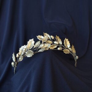 Silver Hellenistic style tiara with detailed oak leaves and acorns.