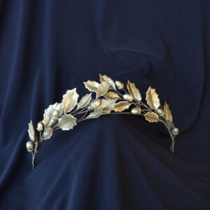 Silver Hellenistic style tiara with detailed oak leaves and acorns