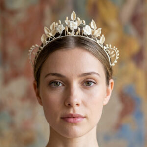 Handmade Victorian bridal tiara with cold porcelain flowers, leaves and antique wax buds.