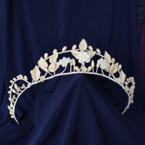 Botanical Victorian bridal tiara handcrafted with cold porcelain flowers, leaves and wax buds.