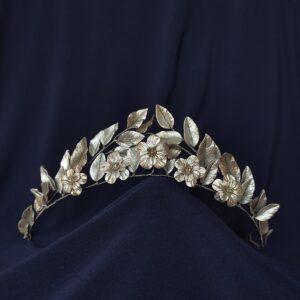 Handmade bridal crown inspired by antique silver myrtle wedding crowns, crafted from cold porcelain flowers and leaves