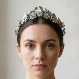 Vintage-inspired silver myrtle bridal headpiece handcrafted for an elegant wedding look.